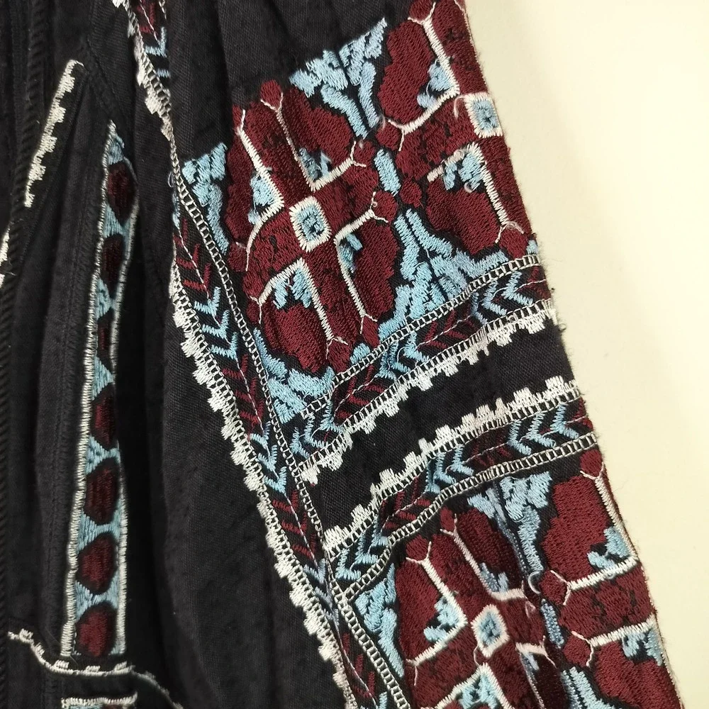 Free People Embroidered Mini Dress Womens Small Tasseled V-Neck Boho Black